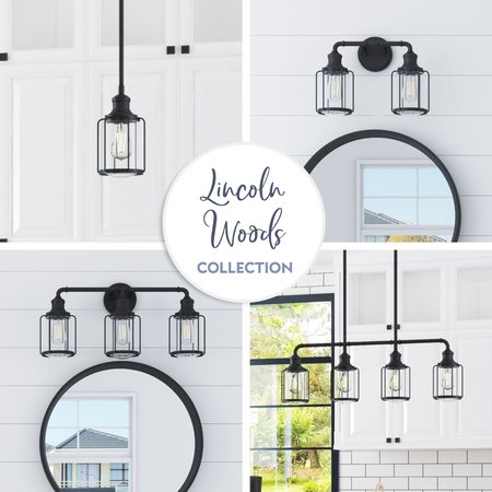 Prominence Home Lincoln Woods, Three Light Bathroom Vanity Light with Cage & Clear, Matte Black 51545-40